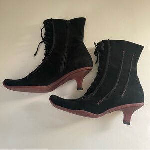 Black suede with red stitching kitten heel boots size 37